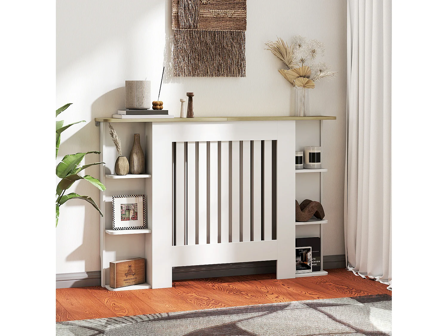 Cache-radiateur design multi-rangement 124 x 19 x 83 cm effet bois clair blanc
