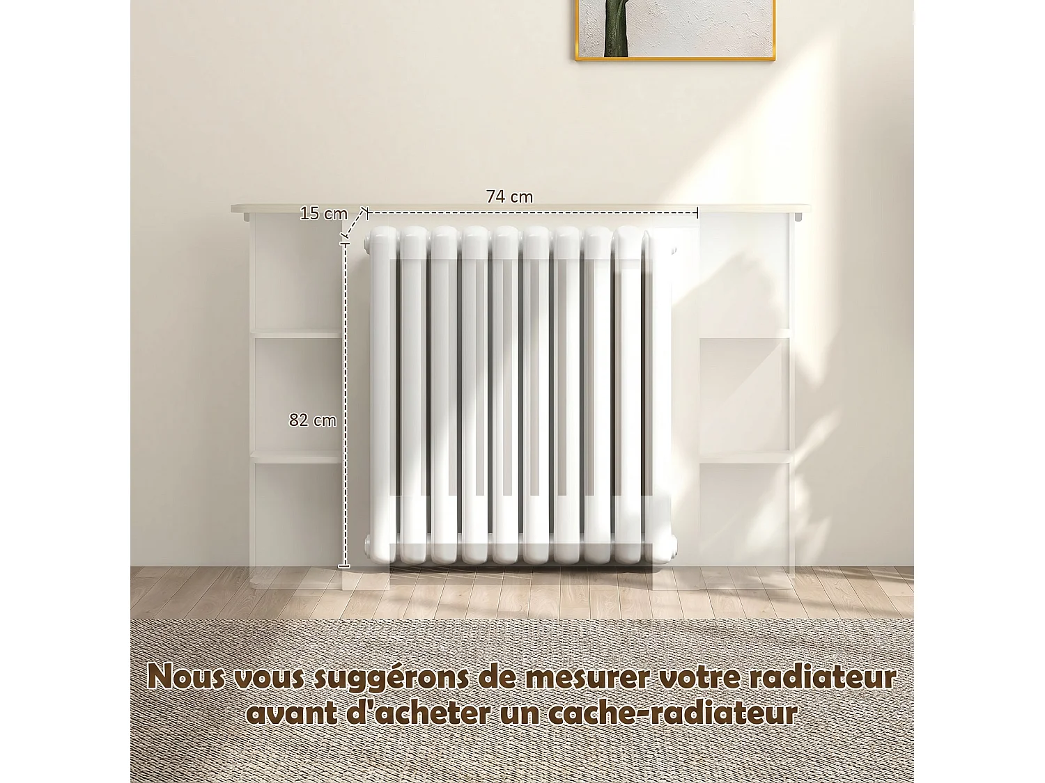 Cache-radiateur design multi-rangement 124 x 19 x 83 cm effet bois clair blanc