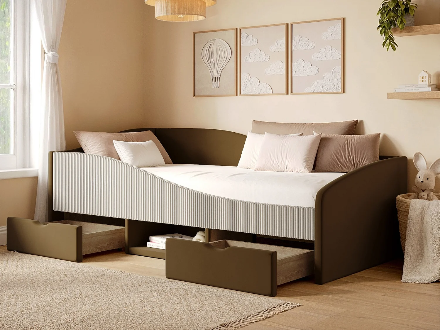 Flair Aubrey Brown Velvet Storage Low Sleeper Bed with Beige Cord