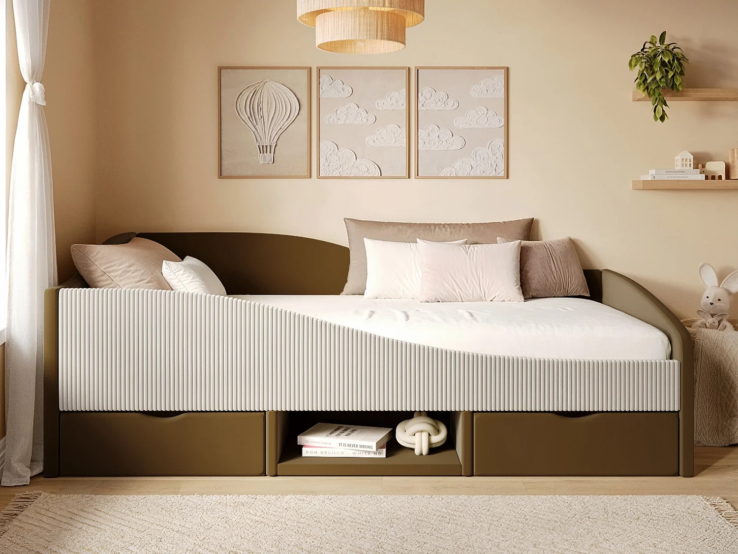 Flair Aubrey Brown Velvet Storage Low Sleeper Bed with Beige Cord