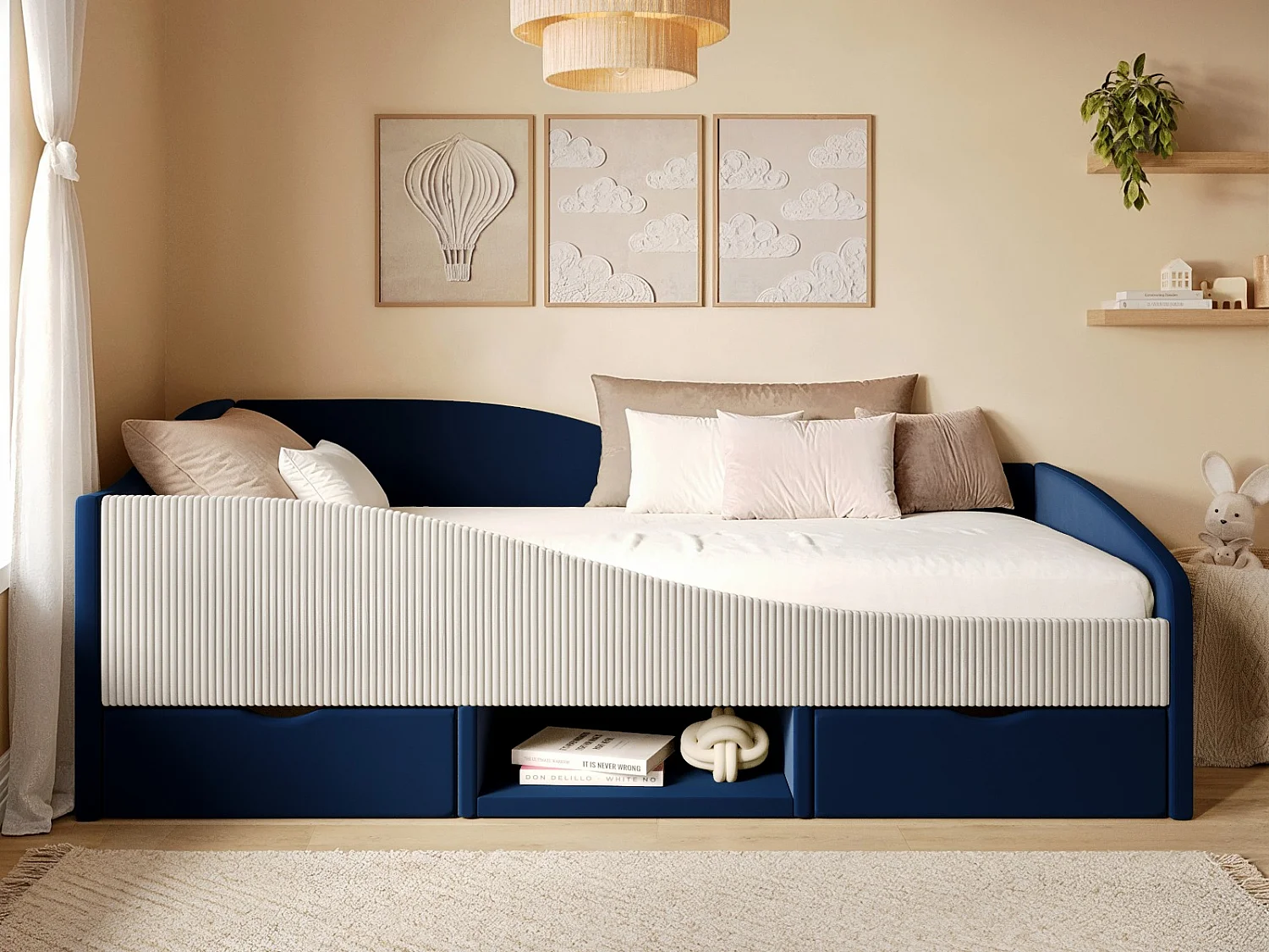 Flair Aubrey Blue Velvet Storage Low Sleeper Bed with Beige Cord