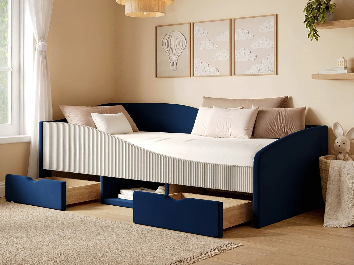Flair Aubrey Blue Velvet Storage Low Sleeper Bed with Beige Cord
