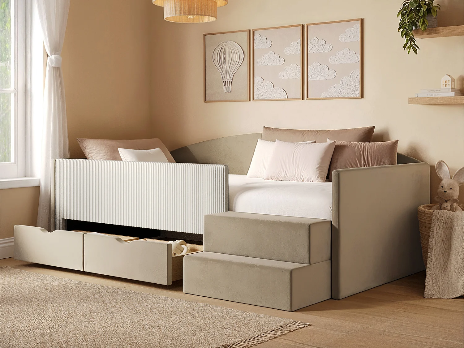 Flair Elisa Beige Velvet Storage Low Sleeper Bed with Beige Cord
