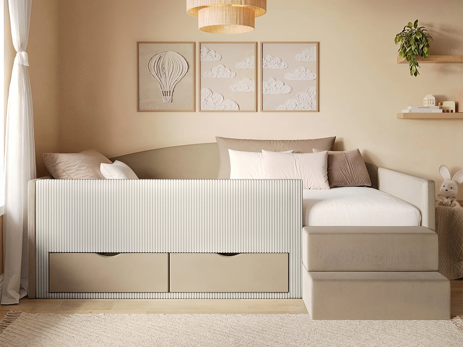 Flair Elisa Beige Velvet Storage Low Sleeper Bed with Beige Cord