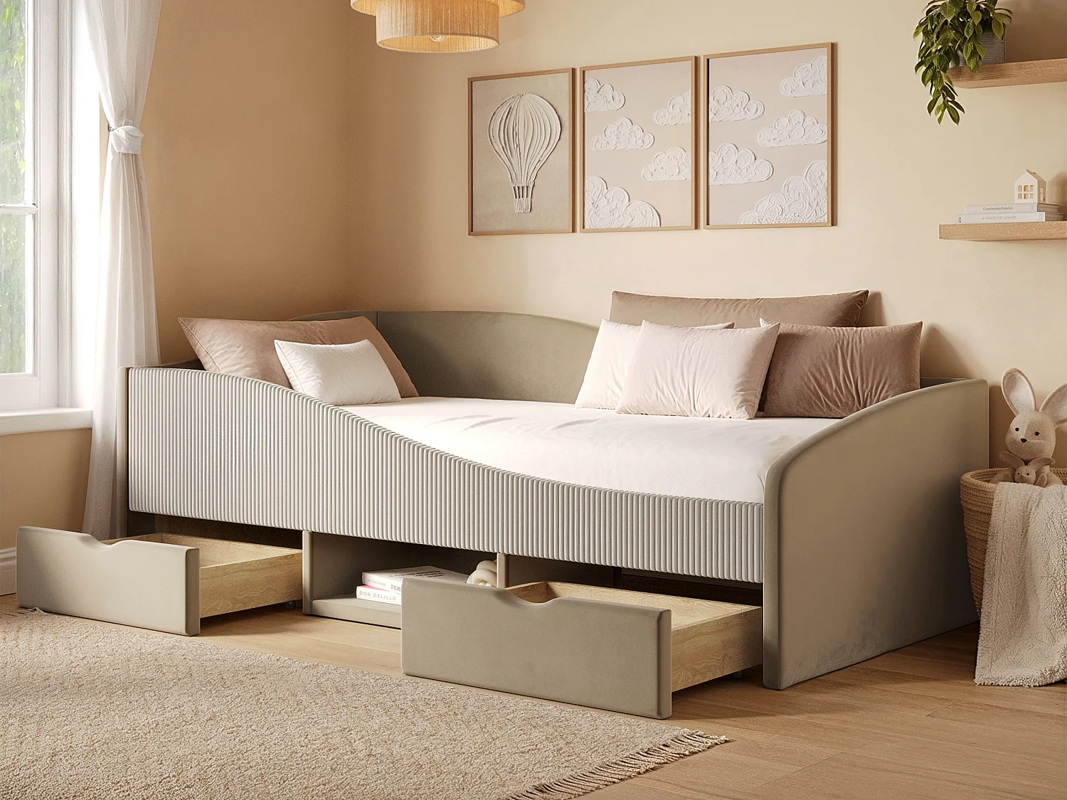 Flair Aubrey Beige Velvet Storage Low Sleeper Bed with Beige Cord