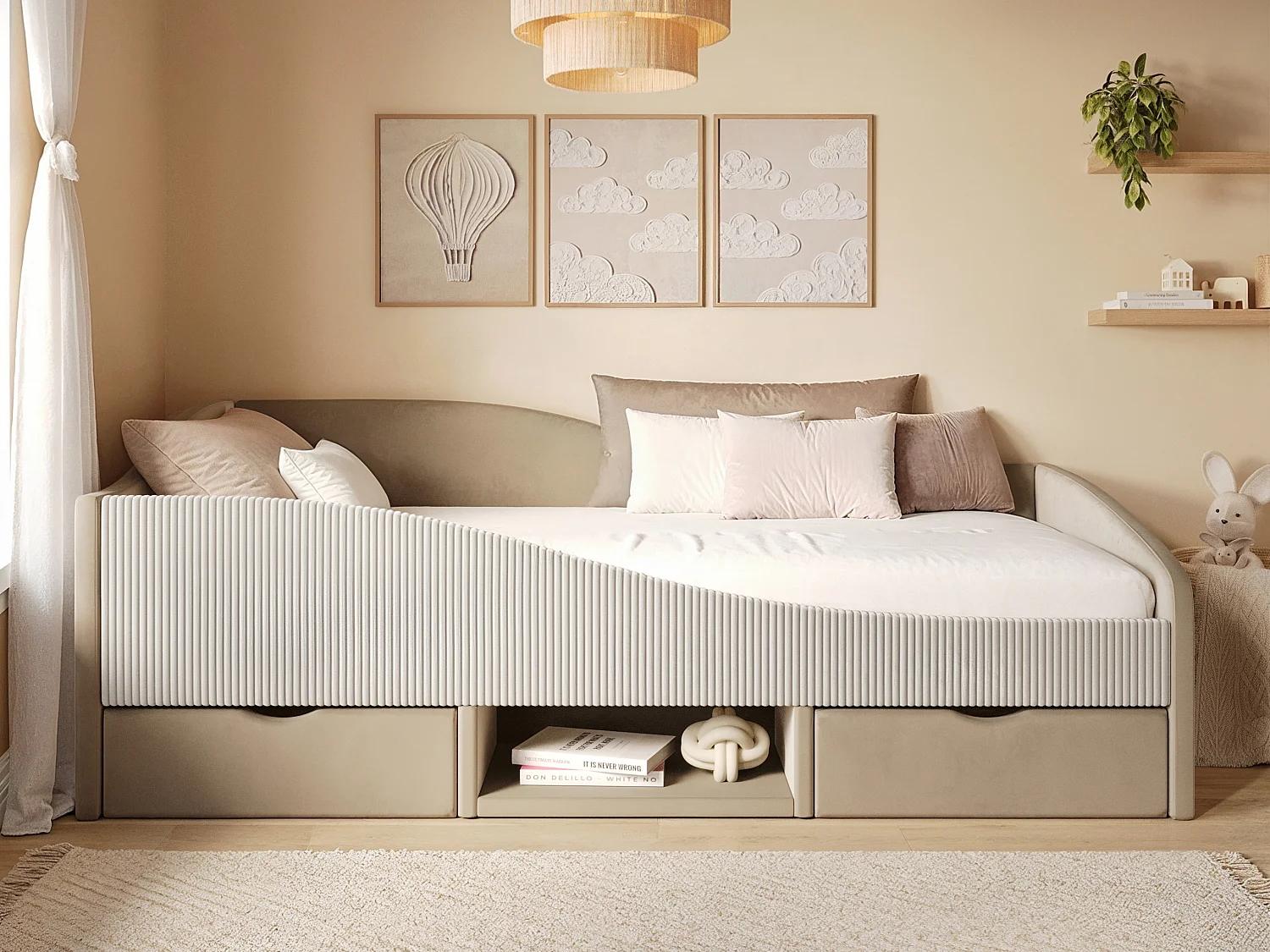 Flair Aubrey Beige Velvet Storage Low Sleeper Bed with Beige Cord