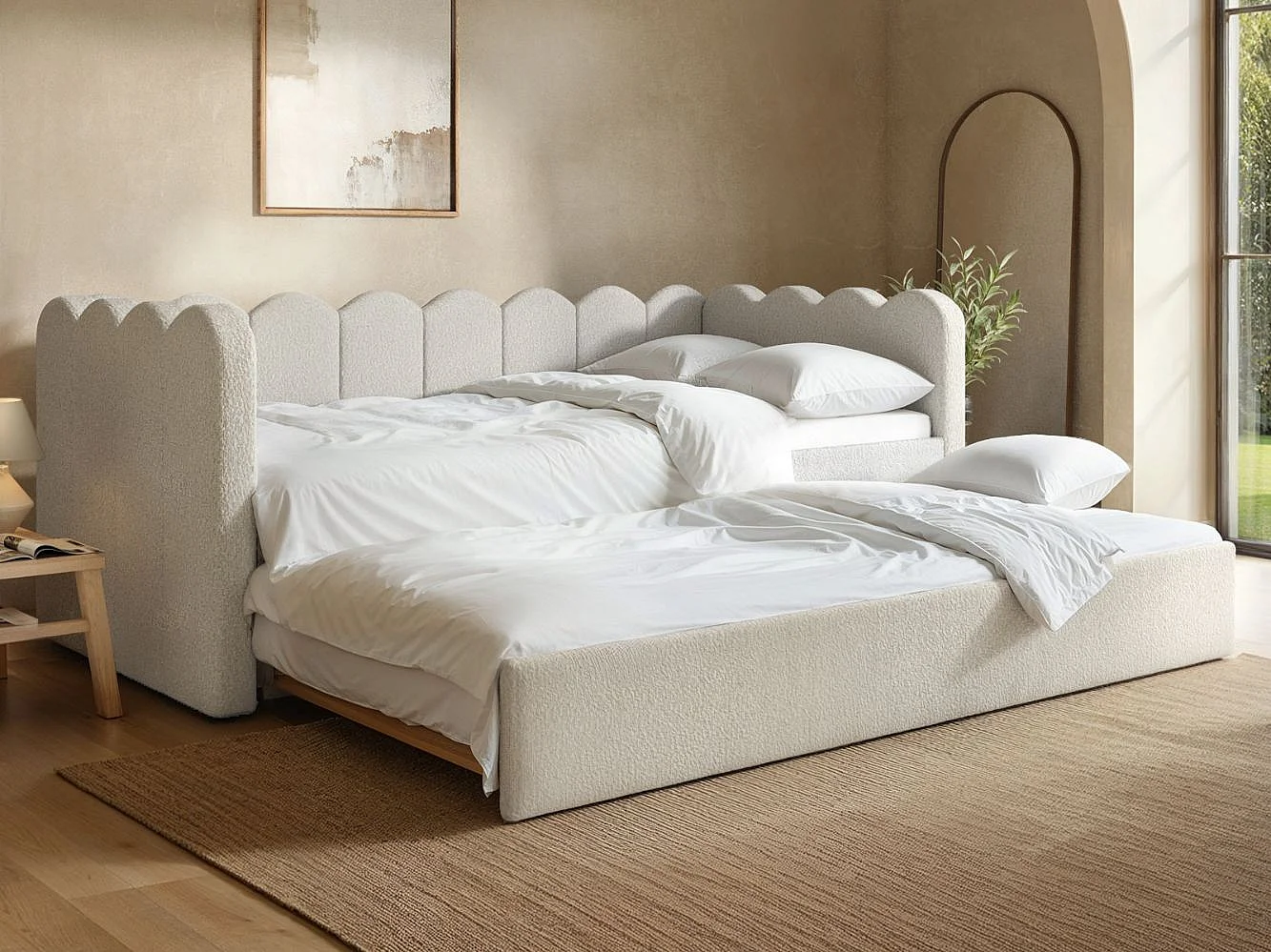 Flair Esme Cloud Day Bed with Trundle Beige Boucle