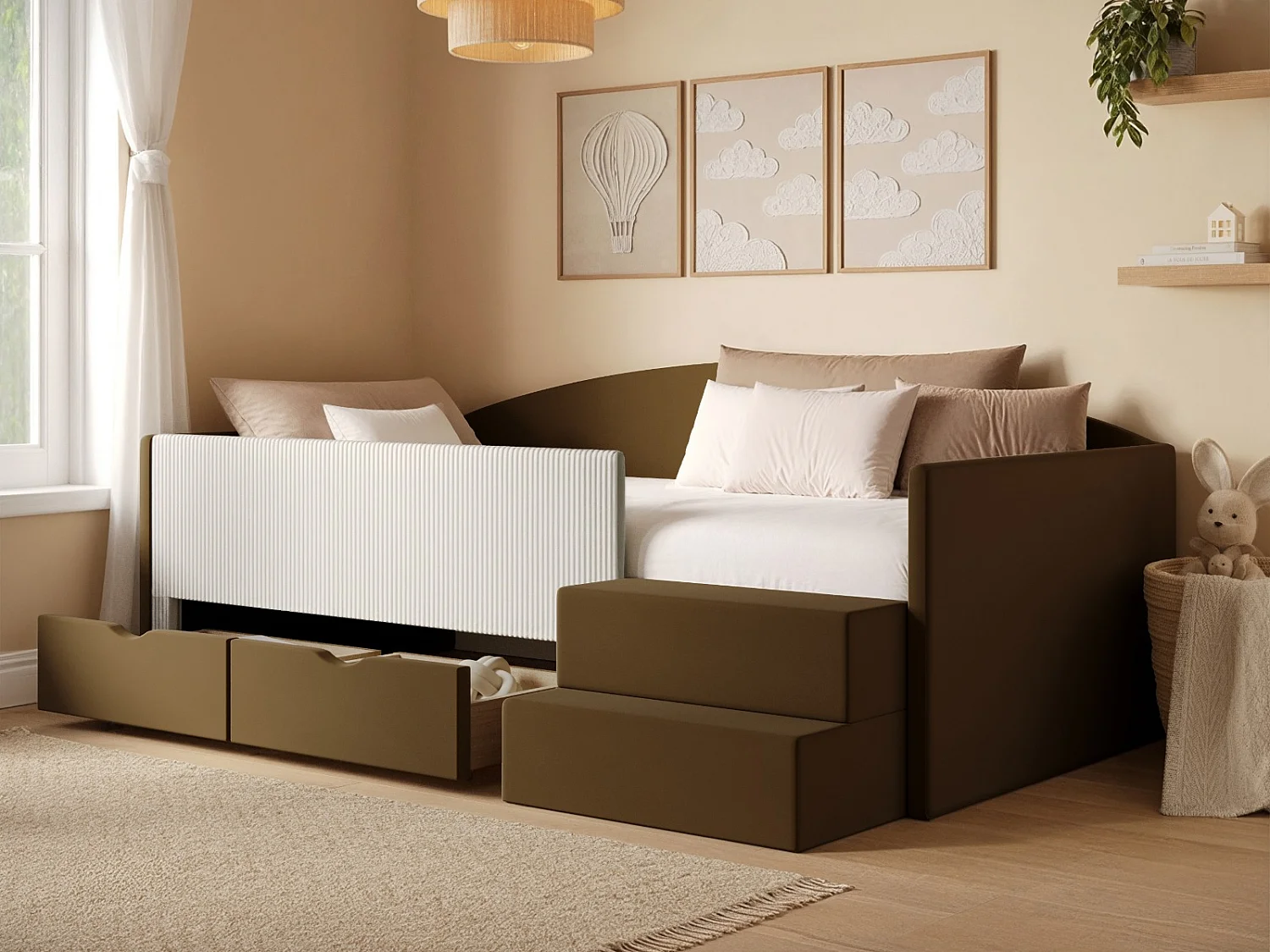 Flair Elisa Brown Velvet Storage Low Sleeper Bed with Beige Cord