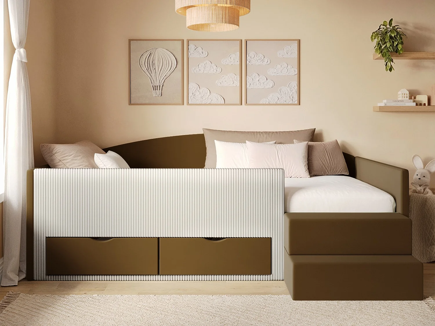 Flair Elisa Brown Velvet Storage Low Sleeper Bed with Beige Cord