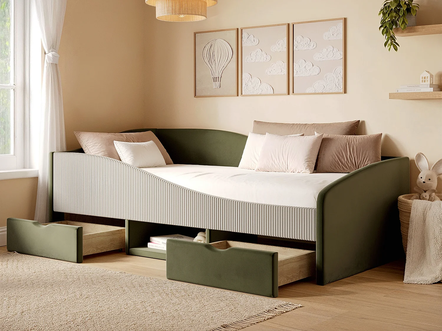 Flair Aubrey Olive Green Velvet Storage Low Sleeper Bed with Beige Cord