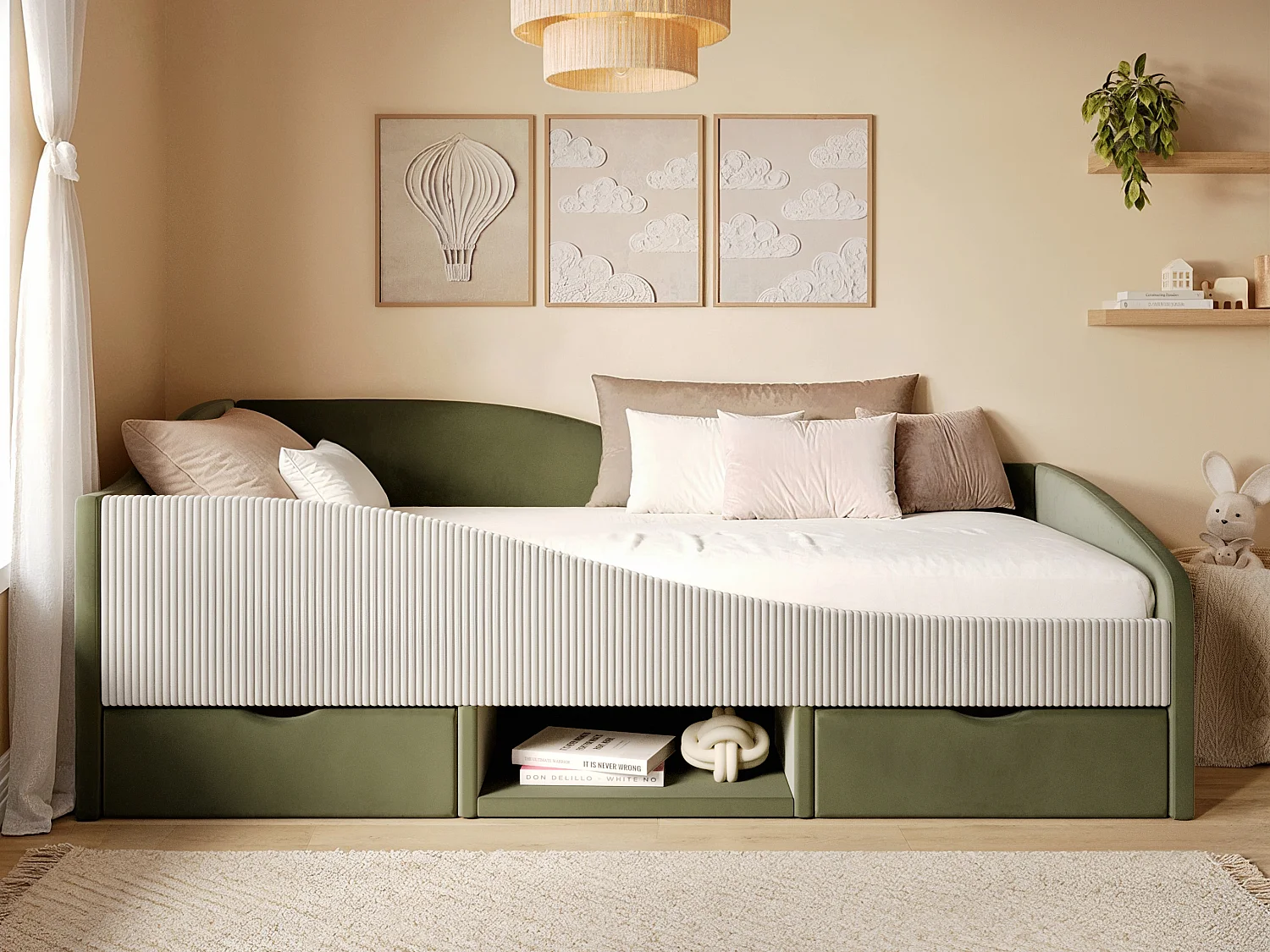 Flair Aubrey Olive Green Velvet Storage Low Sleeper Bed with Beige Cord
