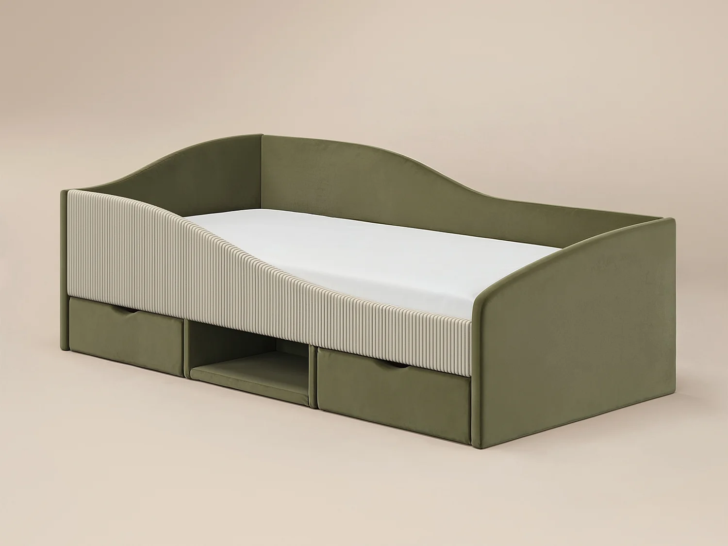 Flair Aubrey Olive Green Velvet Storage Low Sleeper Bed with Beige Cord