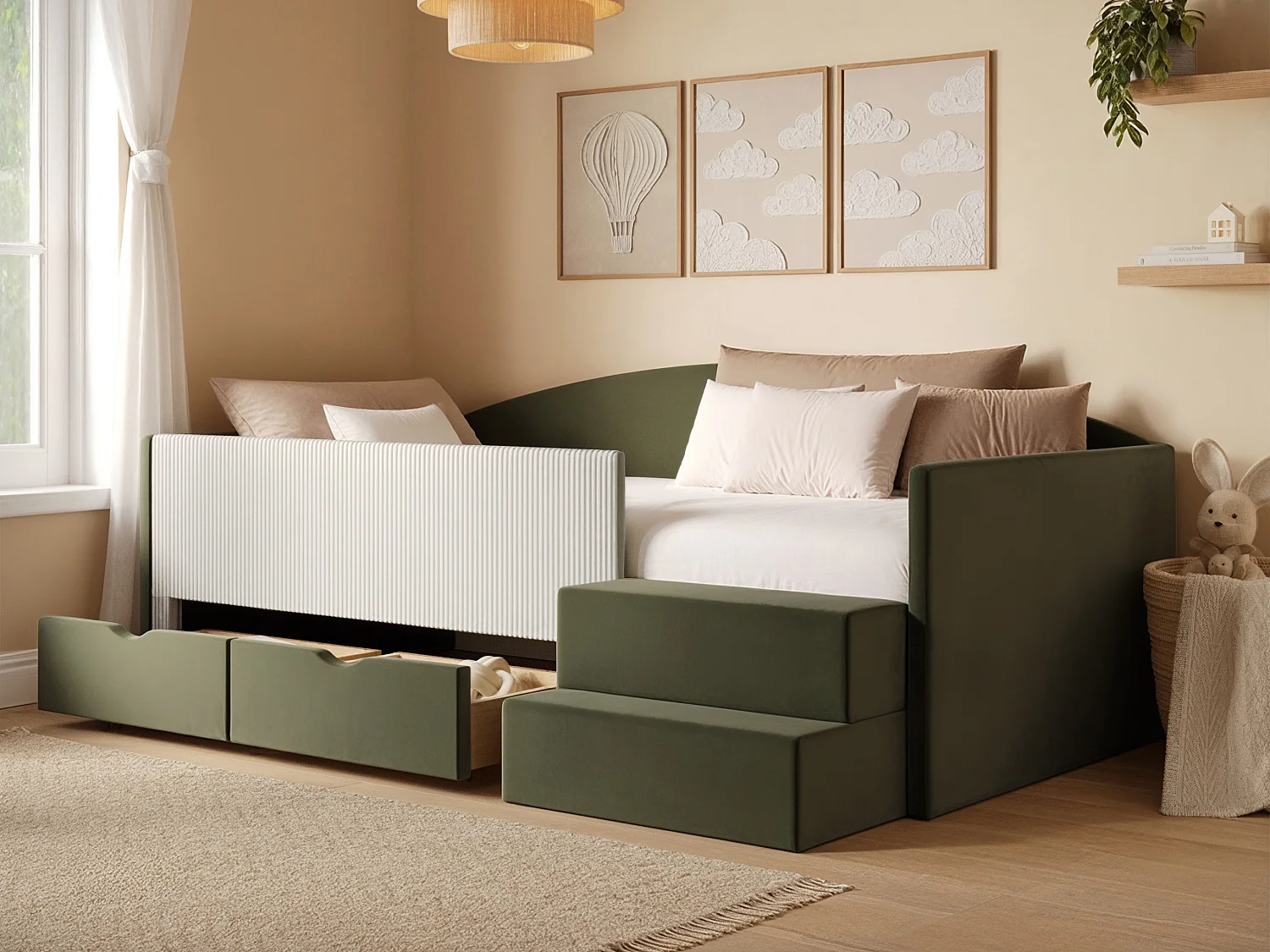 Flair Elisa Olive Green Velvet Storage Low Sleeper Bed with Beige Cord