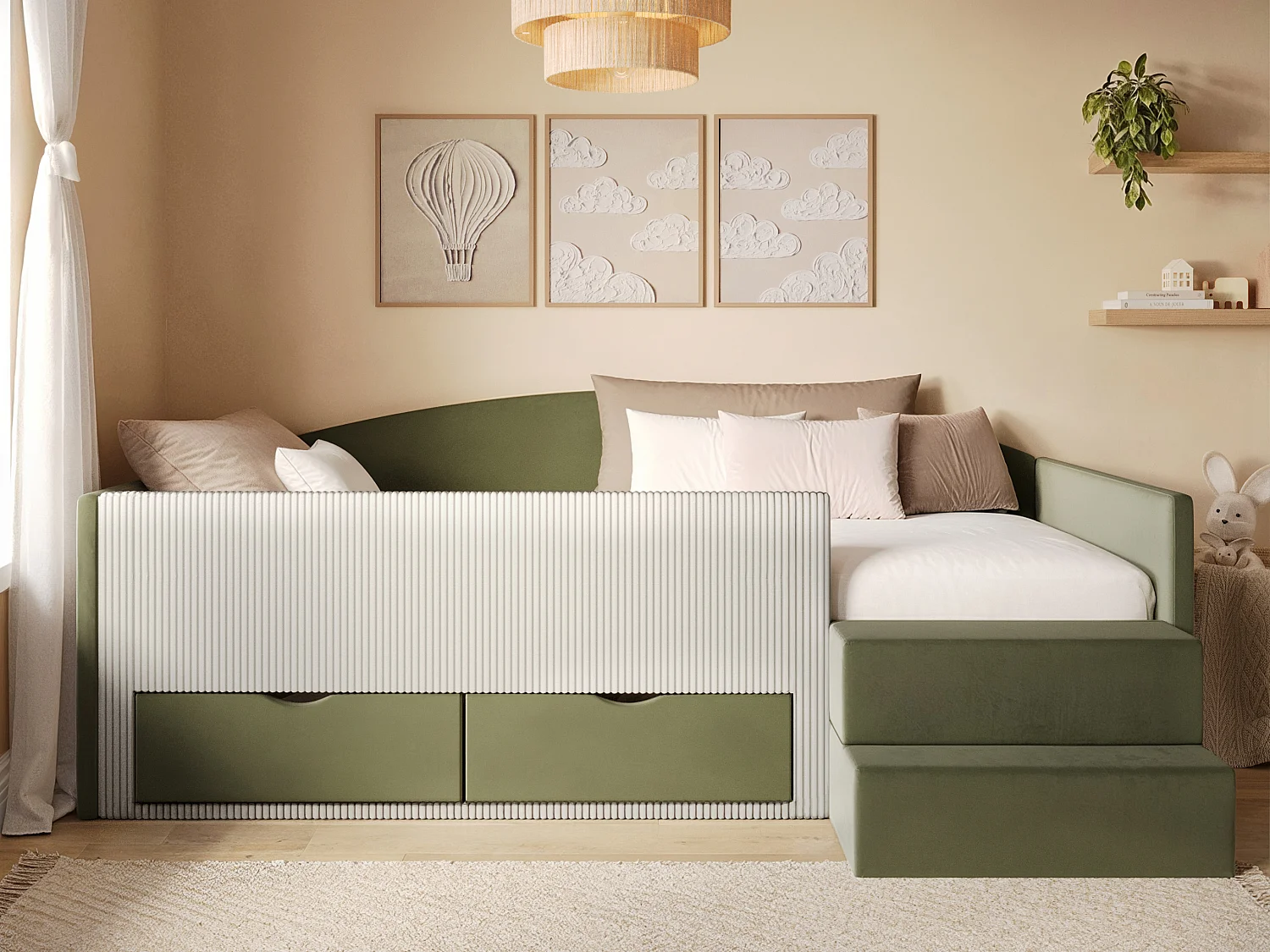 Flair Elisa Olive Green Velvet Storage Low Sleeper Bed with Beige Cord