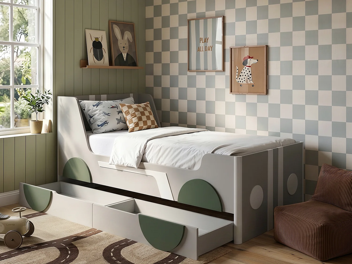 Flair Cooper Single Car Bed with Drawers Grey & Green