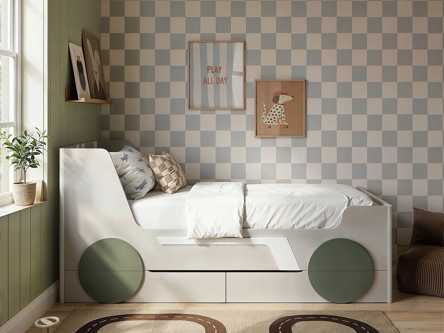 Flair Cooper Single Car Bed with Drawers Grey & Green
