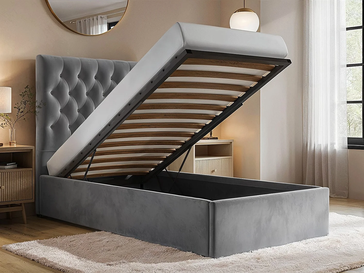 Flair Milan Single Velvet Ottoman Bed Grey