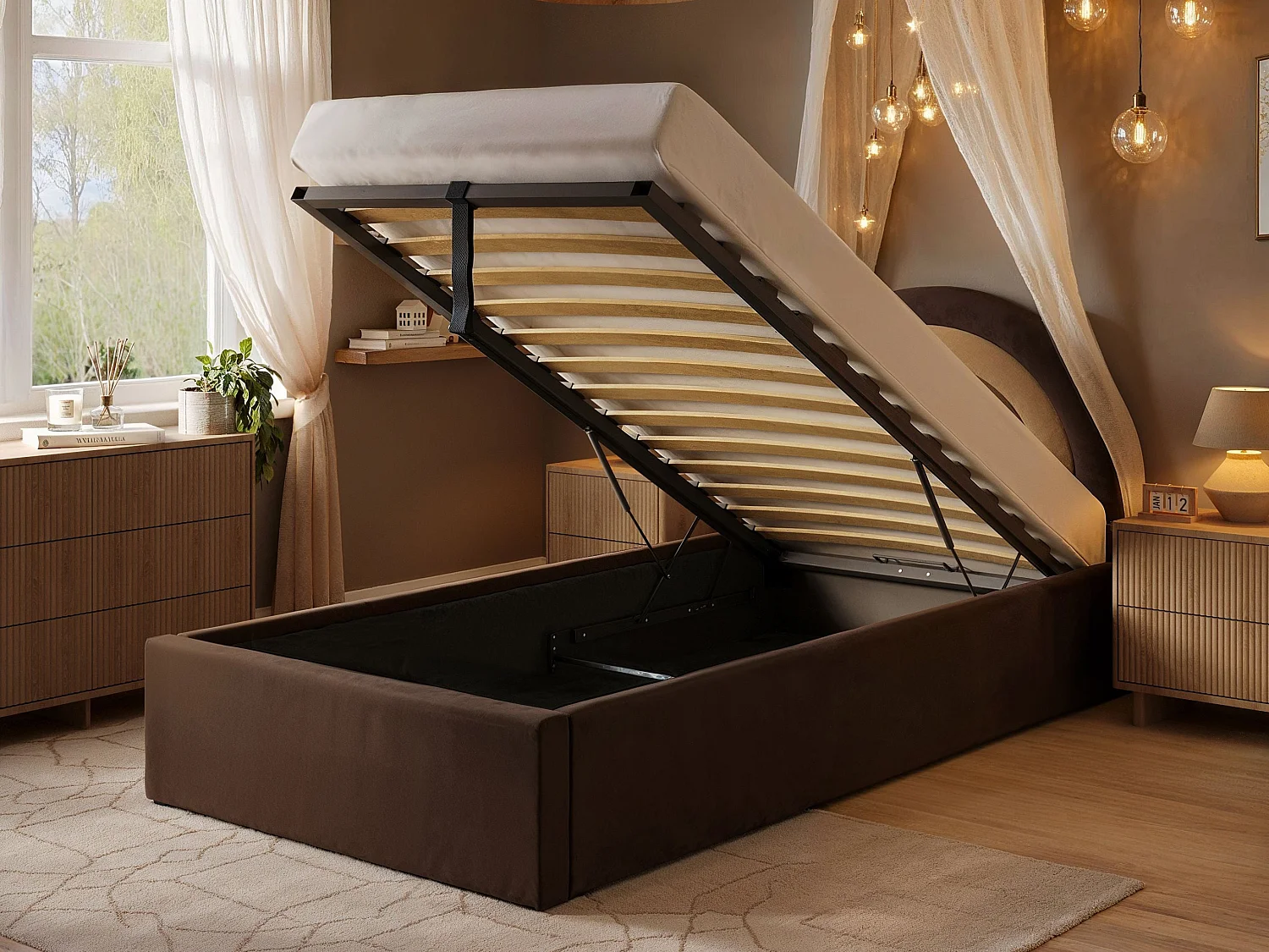 Flair Ava Single Ottoman Bed Brown Velvet