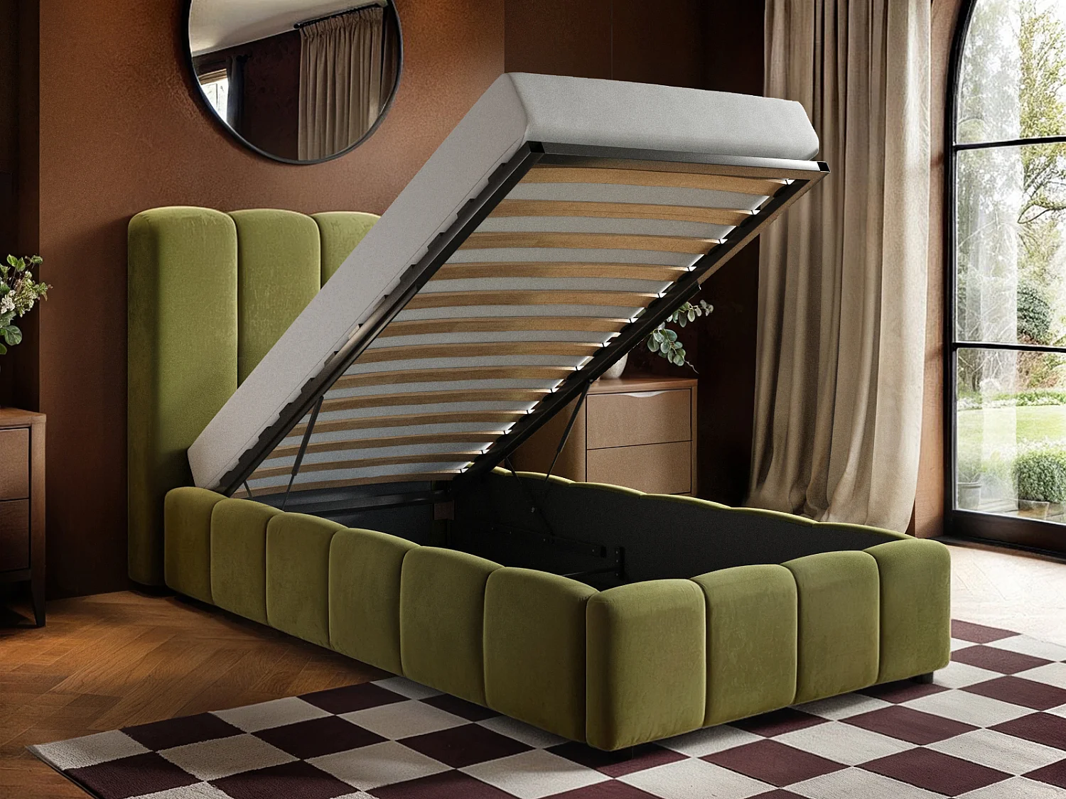 SOLACE+CO Emilie Ribbed Single Ottoman Bed Green Velvet