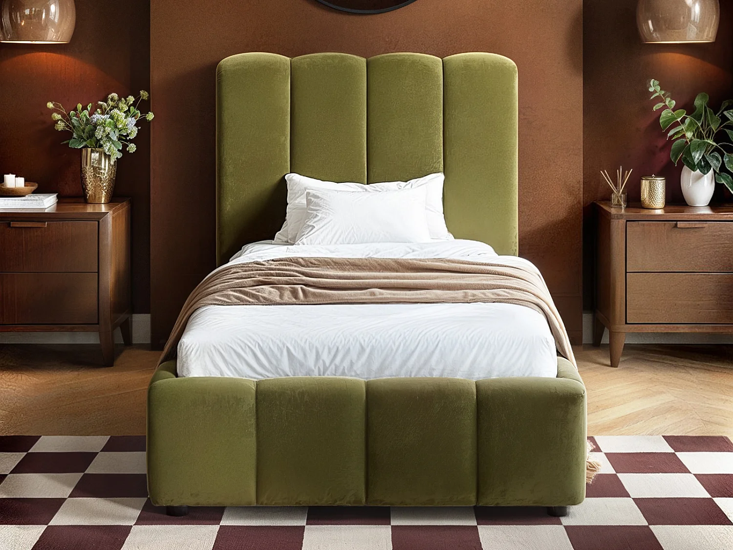 SOLACE+CO Emilie Ribbed Single Ottoman Bed Green Velvet