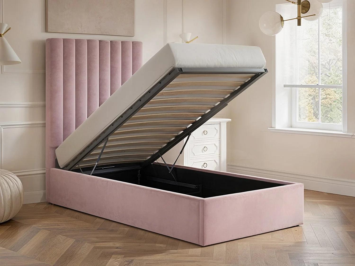 Flair Everley Single Ottoman Bed Pink Velvet