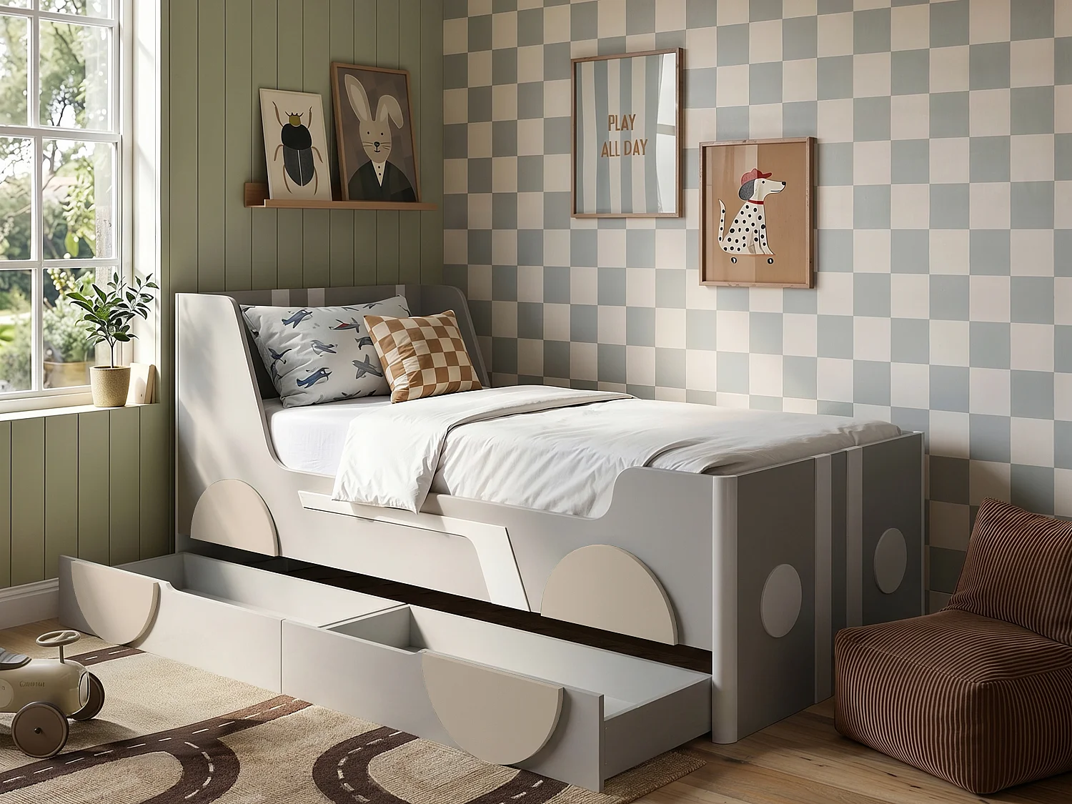 Flair Cooper Single Car Bed with Drawers Grey & Beige