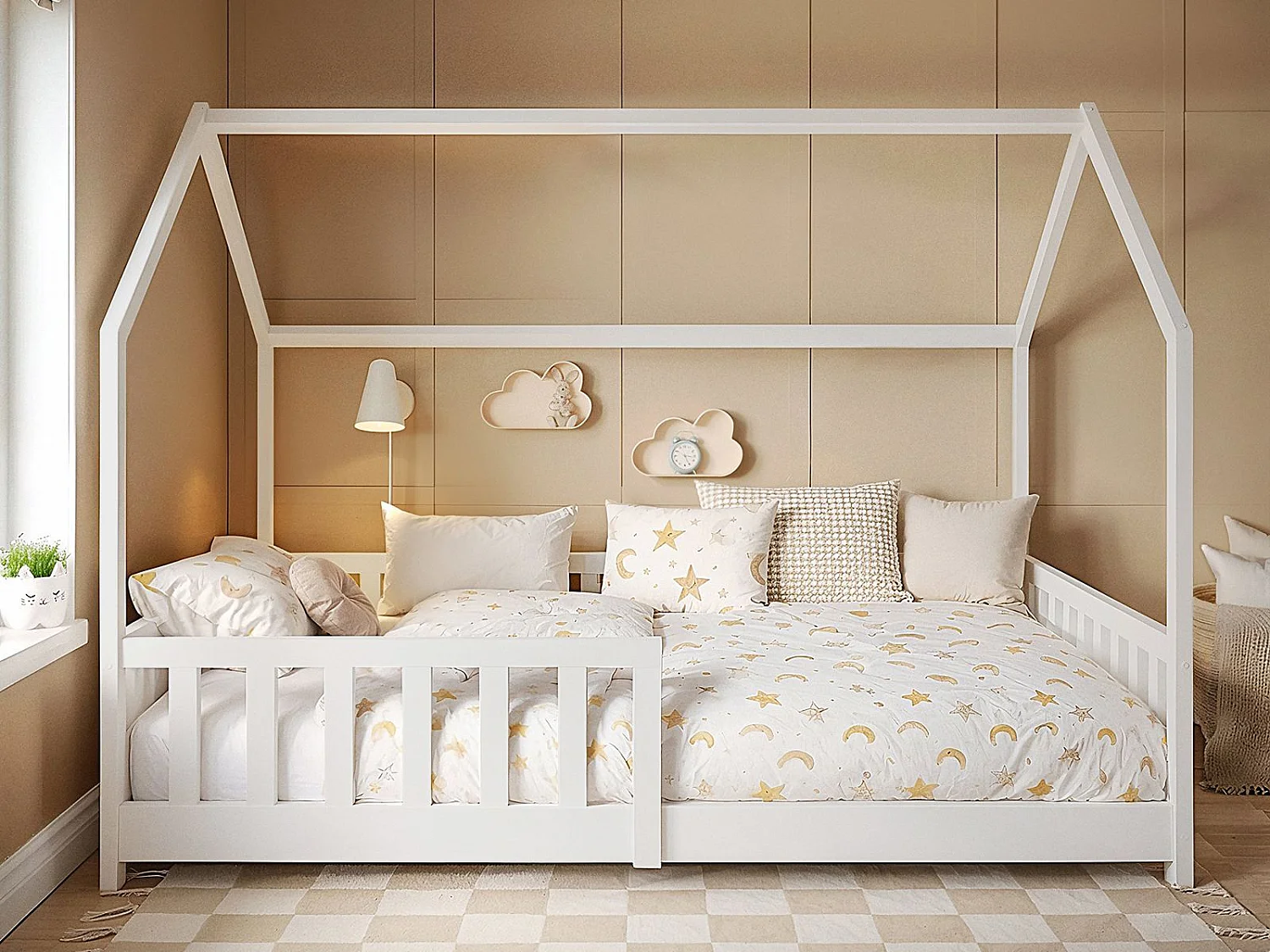 Flair Explorer Small Double Play House Floor Bed with Rails Wooden White