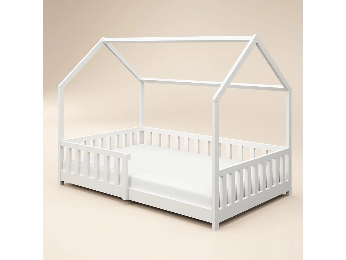 Flair Explorer Small Double Play House Floor Bed with Rails Wooden White