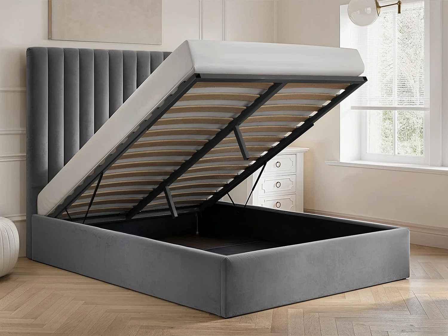 Flair Everley Ottoman Bed Grey Velvet Double
