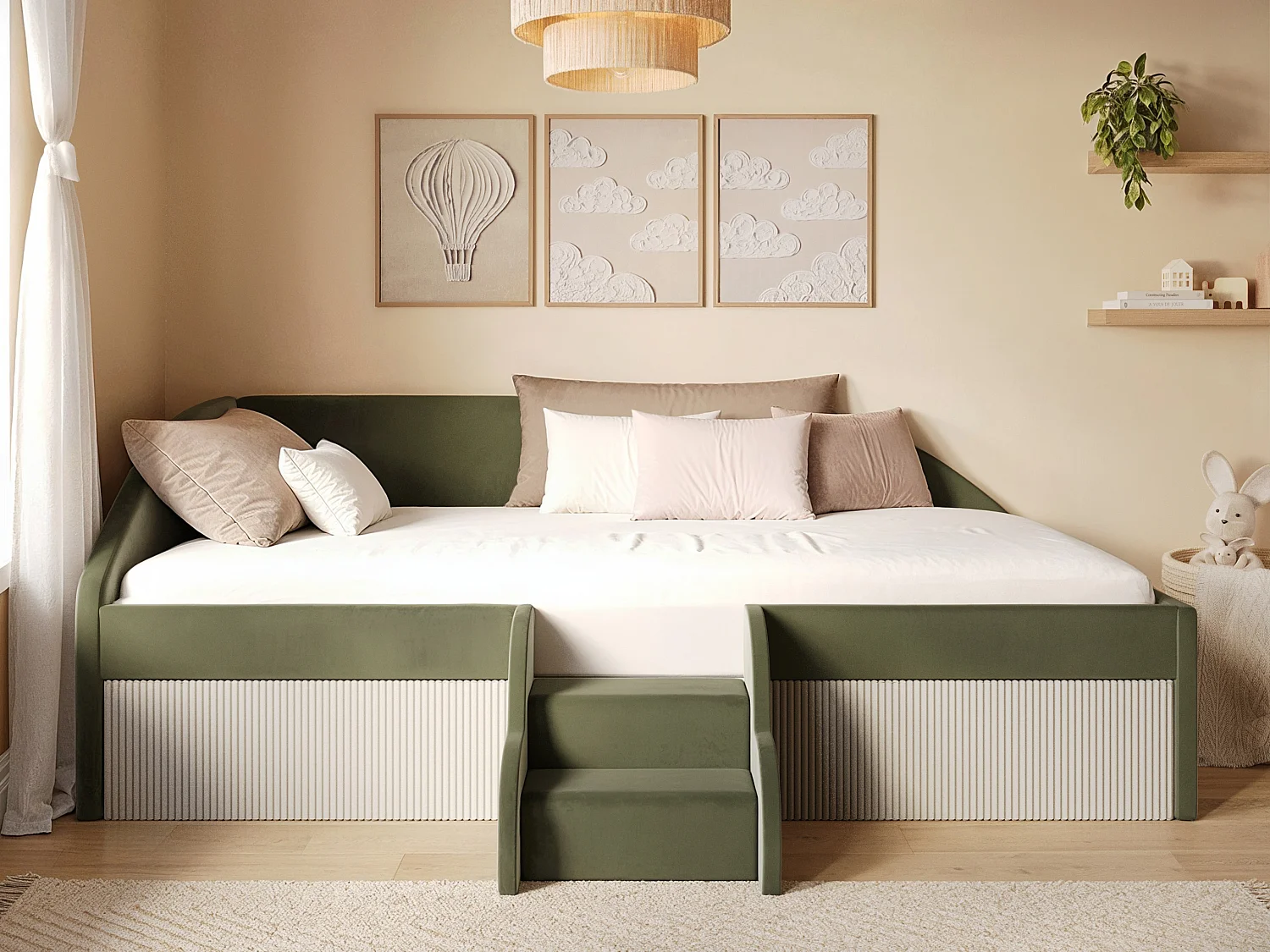 Flair Aviana Olive Green Velvet Low Sleeper Bed with Beige Cord