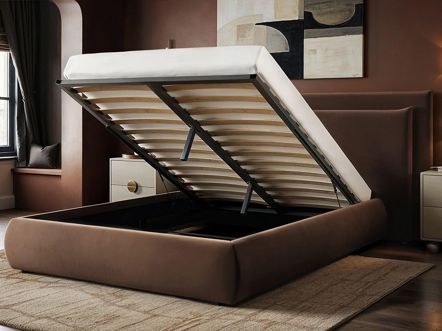 SOLACE+CO Sigrid Chocolate Velvet Cushion Headboard Ottoman Bed Double