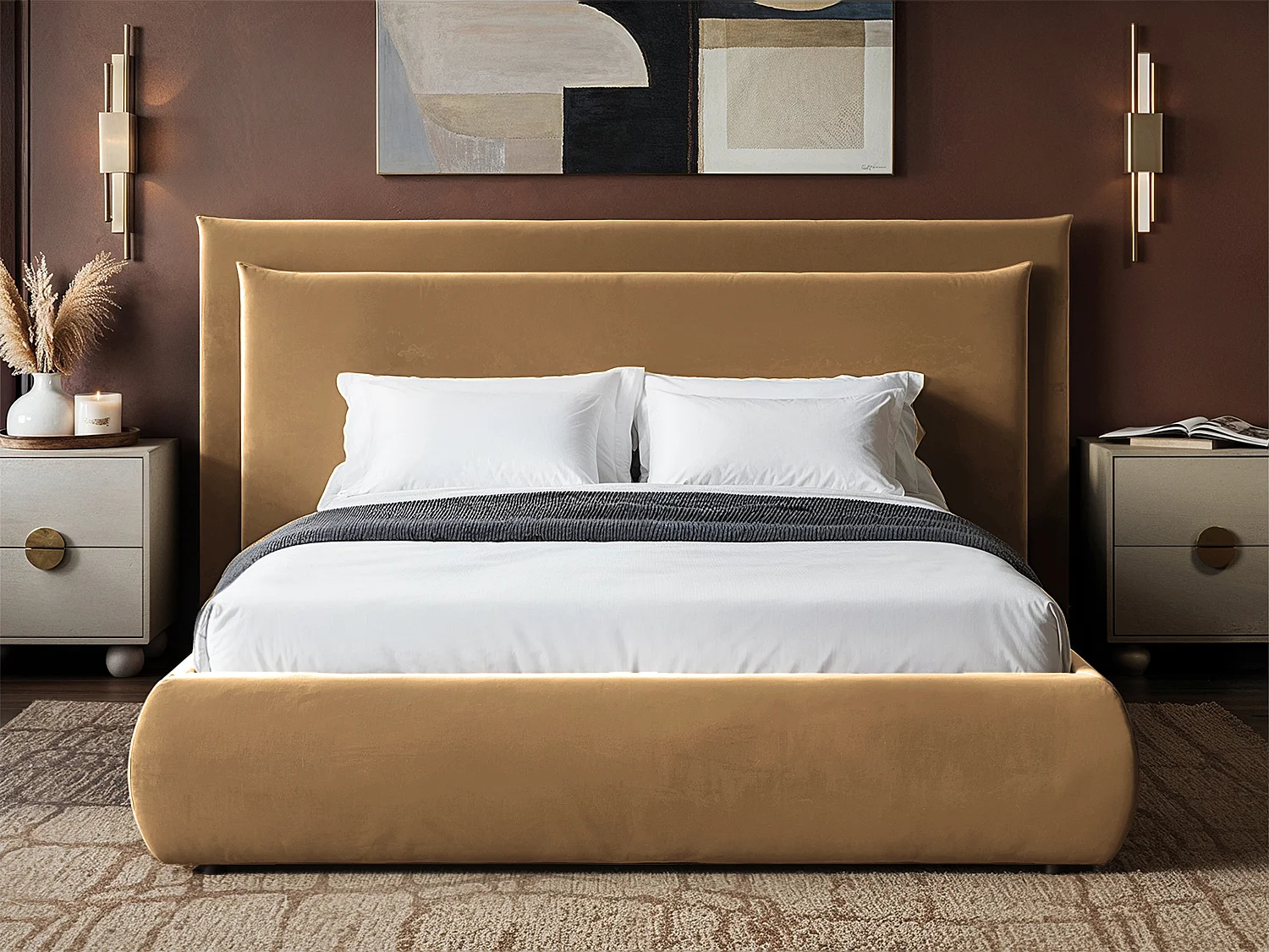 SOLACE+CO Sigrid Sand Velvet Cushion Headboard Ottoman Bed Double