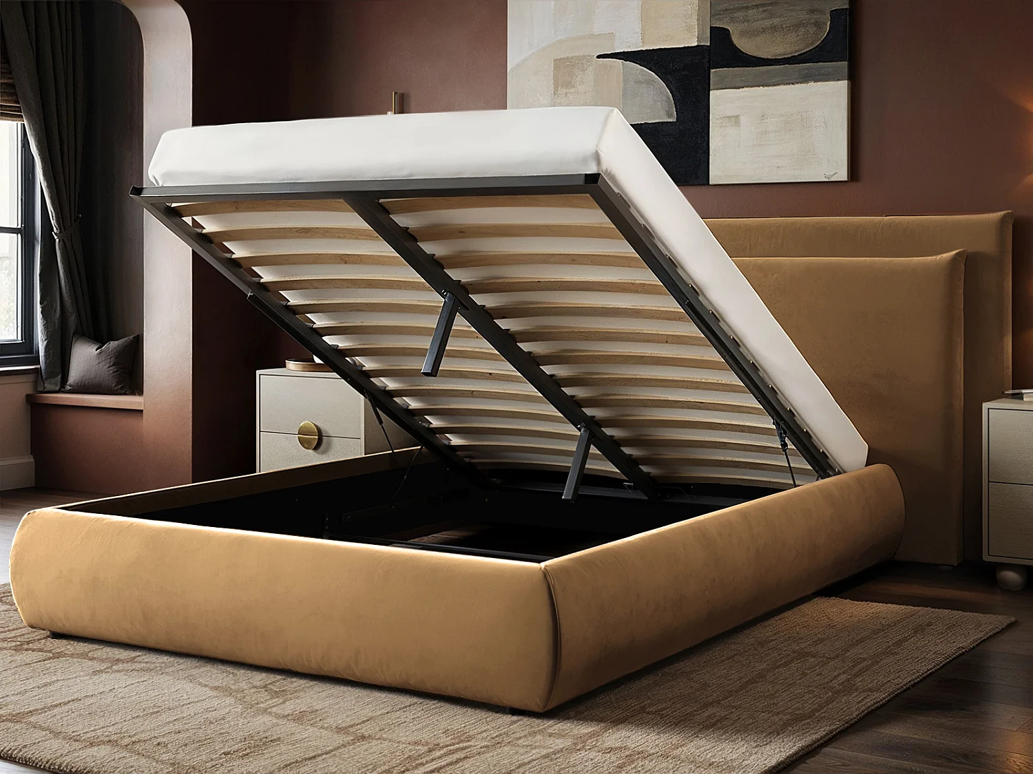 SOLACE+CO Sigrid Sand Velvet Cushion Headboard Ottoman Bed Double