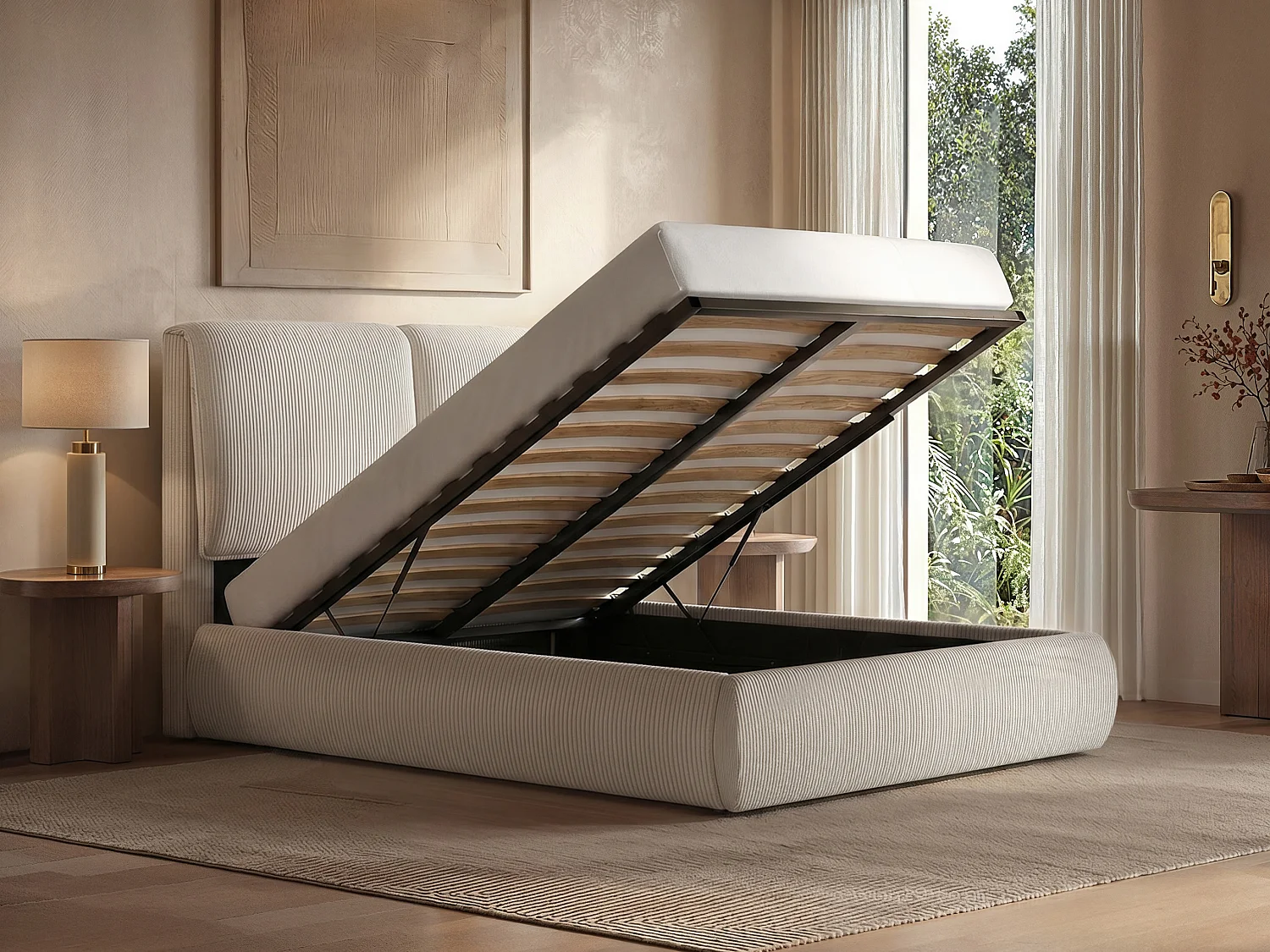 SOLACE+CO Lydia Double Ottoman Bed Beige