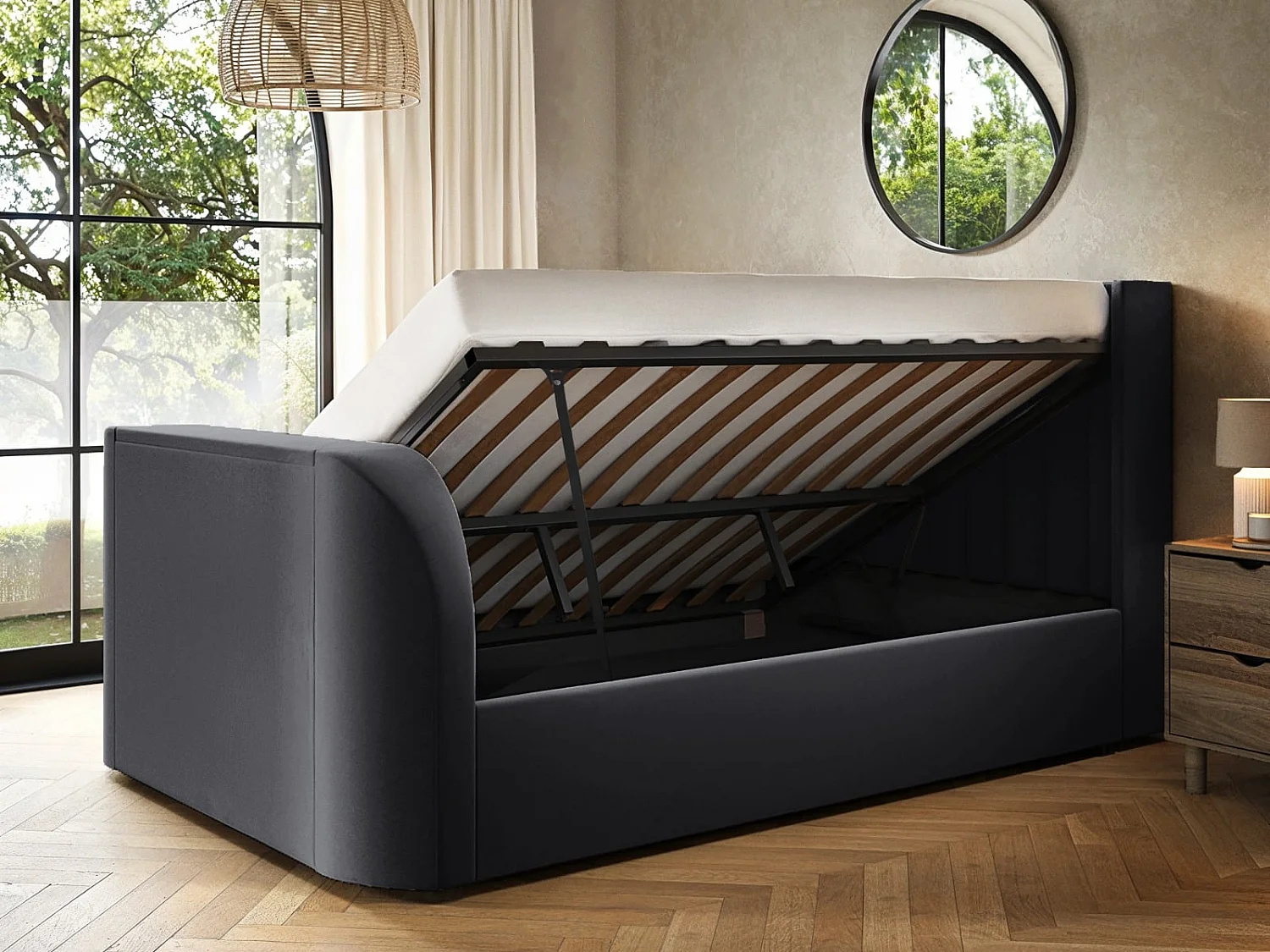 Flair Fallon TV Side Lift Ottoman Bed Charcoal Velvet Double