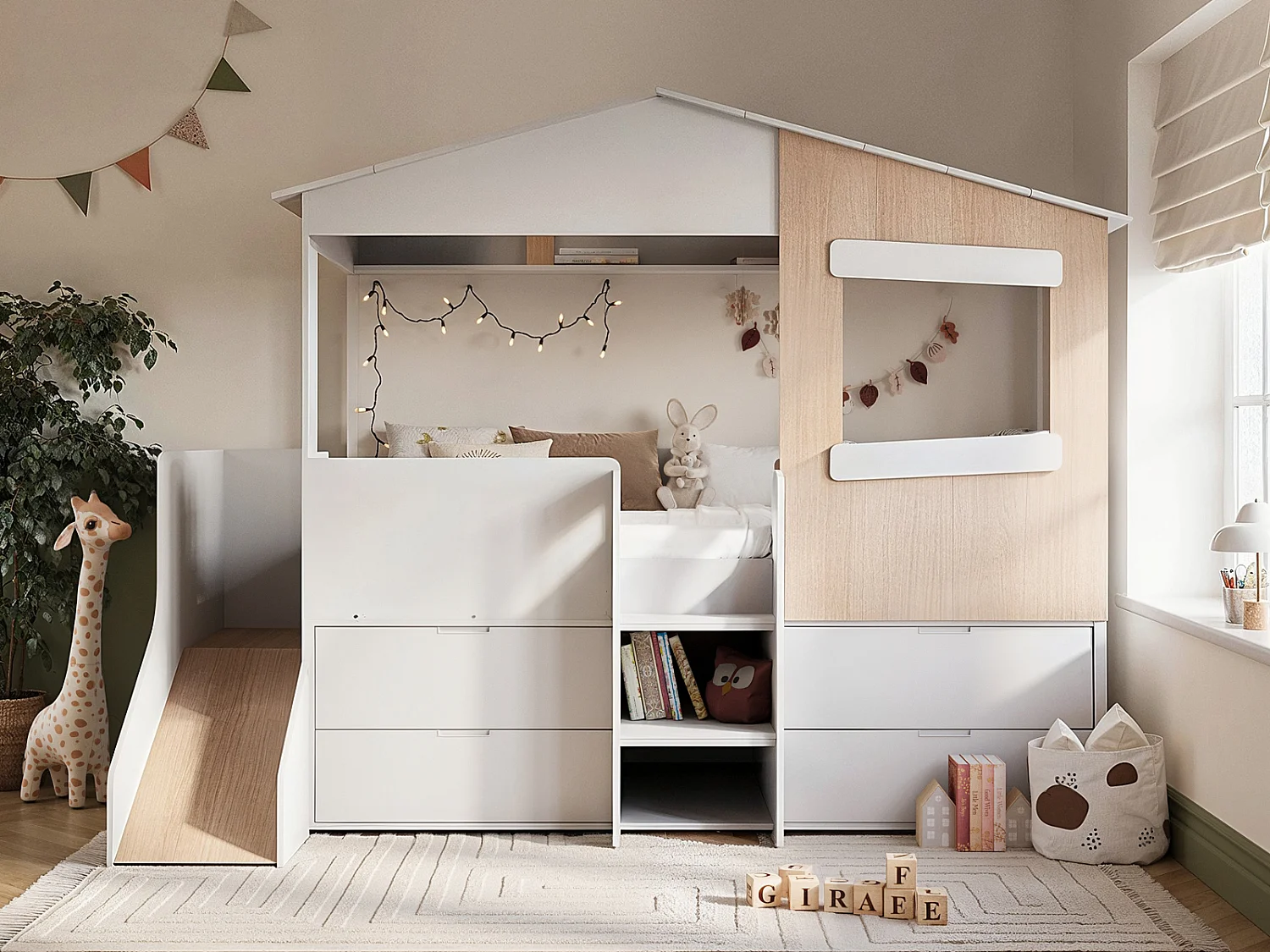 Flair Dreamland House Midsleeper with Slide and Storage White & Oak