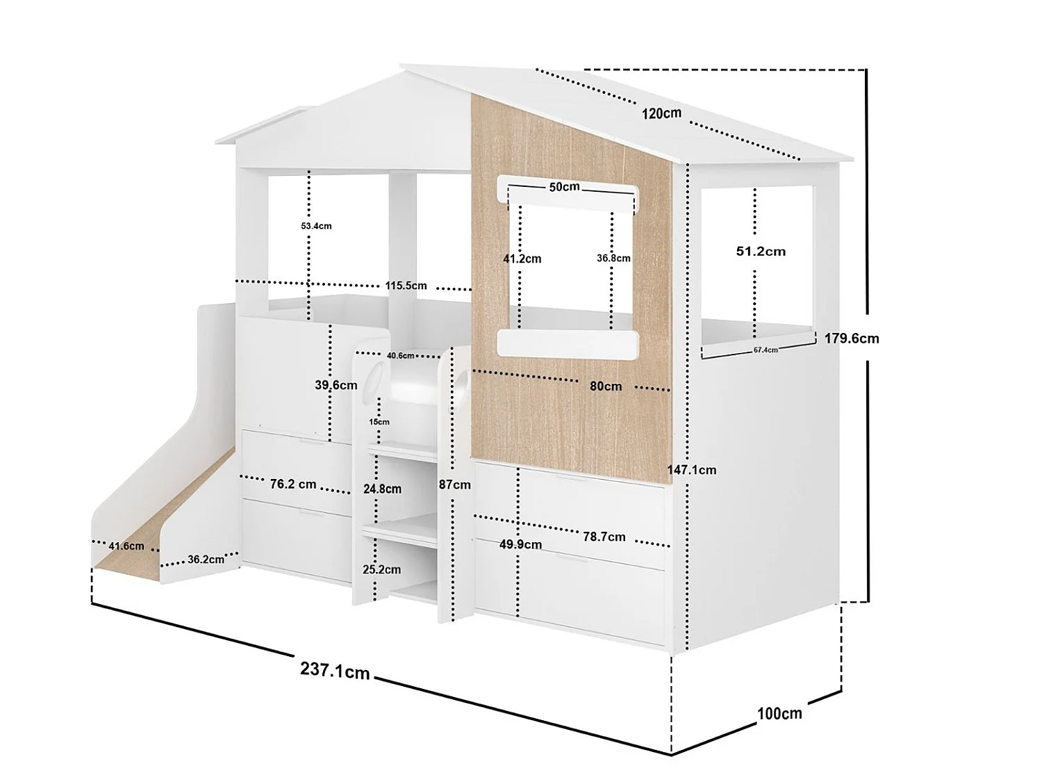 Flair Dreamland House Midsleeper with Slide and Storage White & Oak