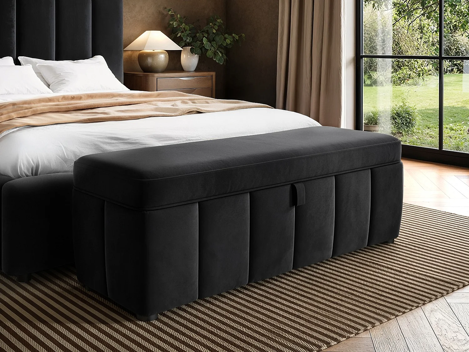 SOLACE+CO Emilie Ribbed Double Ottoman Bed Black Velvet