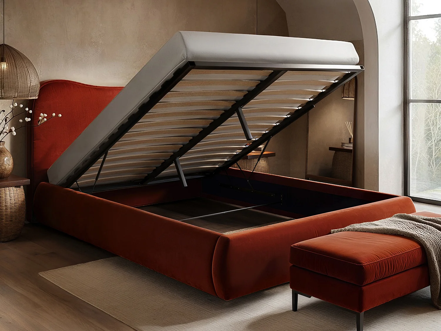 SOLACE+CO Ember Ottoman Bed Orange Velvet Double
