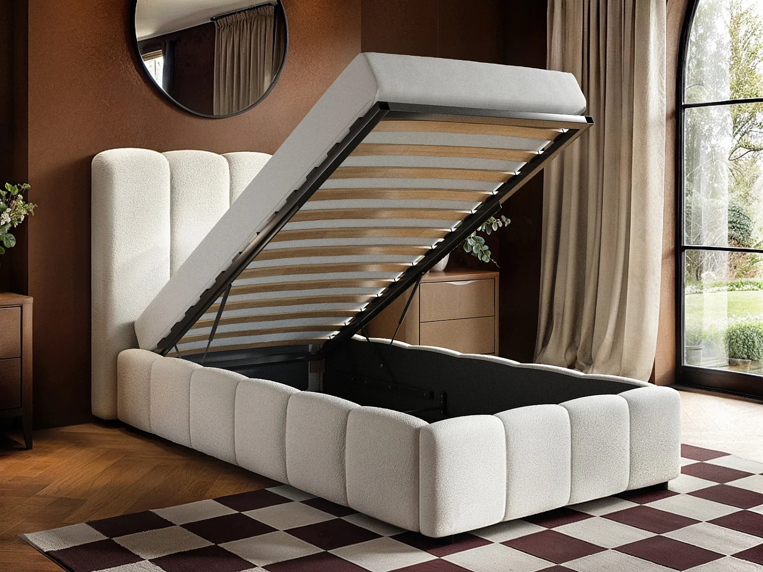 SOLACE+CO Emilie Ribbed Single Ottoman Bed Cream Boucle