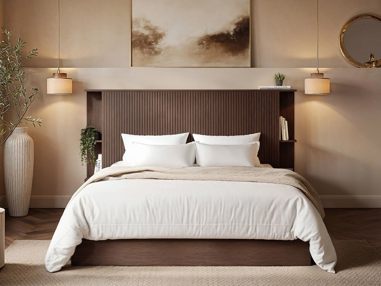 SOLACE+CO Zora Ottoman Double Bed with Headboard Shelves Walnut