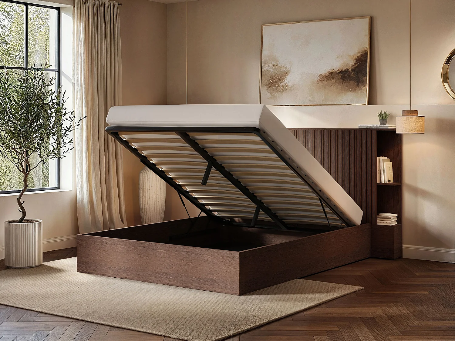 SOLACE+CO Zora Ottoman Double Bed with Headboard Shelves Walnut