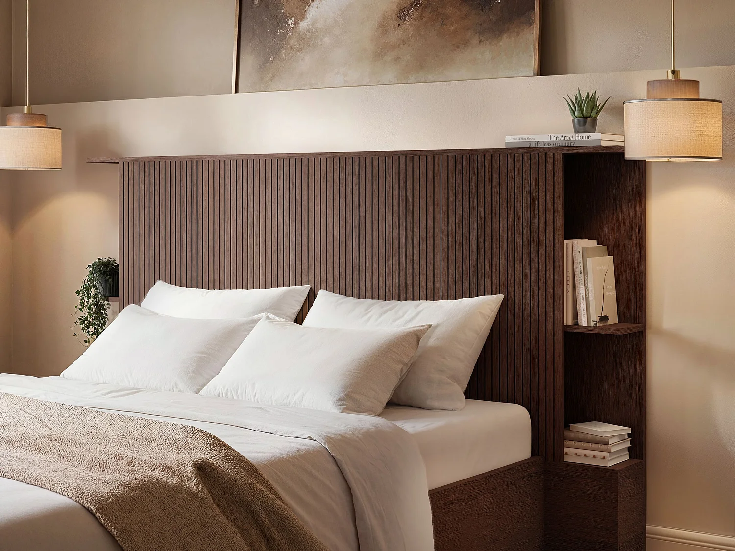SOLACE+CO Zora Ottoman Double Bed with Headboard Shelves Walnut
