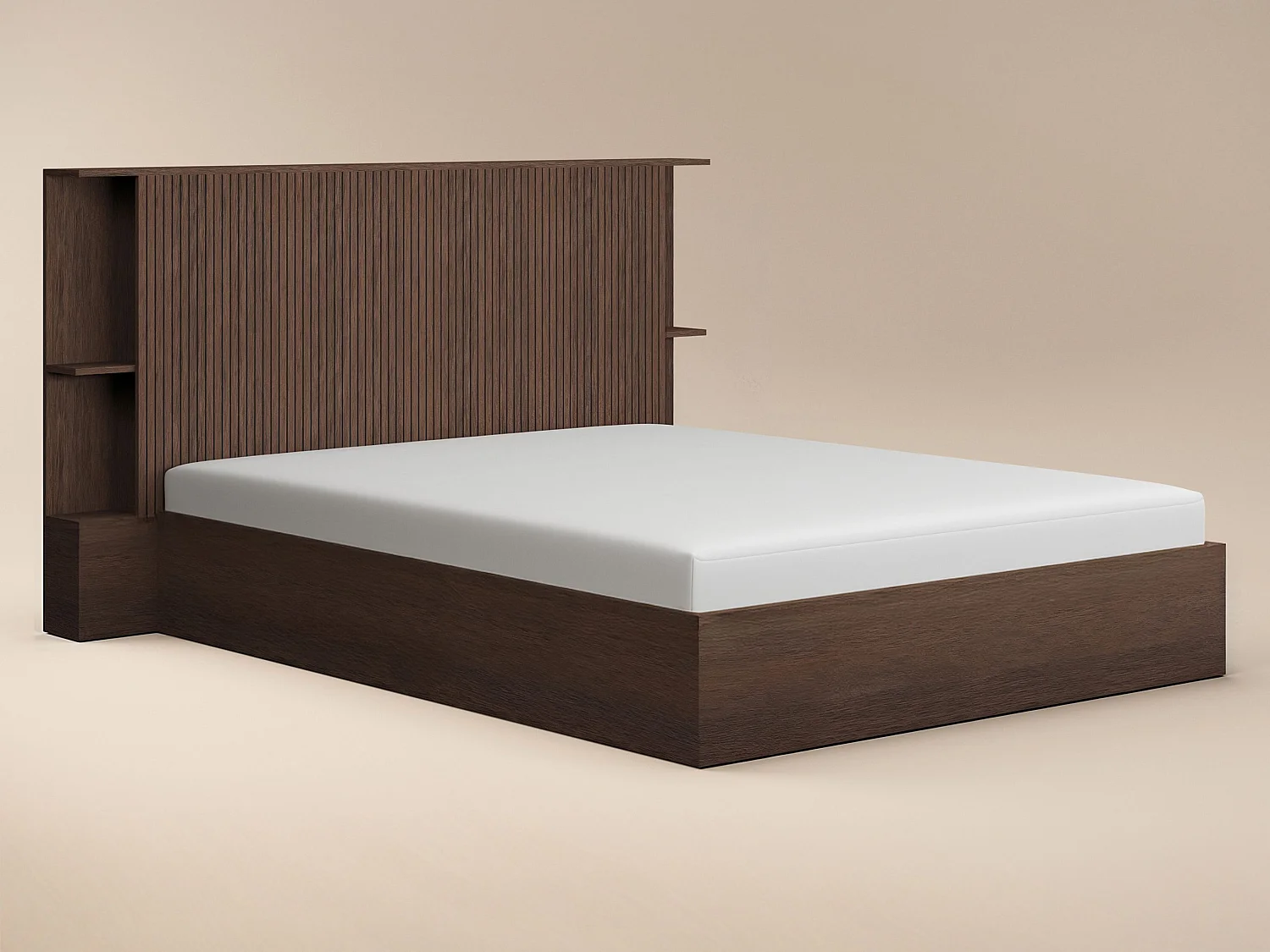 SOLACE+CO Zora Ottoman Double Bed with Headboard Shelves Walnut