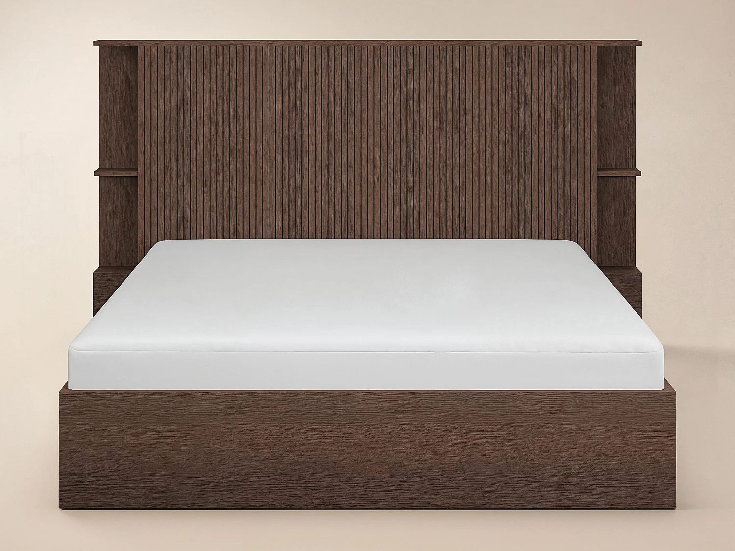 SOLACE+CO Zora Ottoman Double Bed with Headboard Shelves Walnut