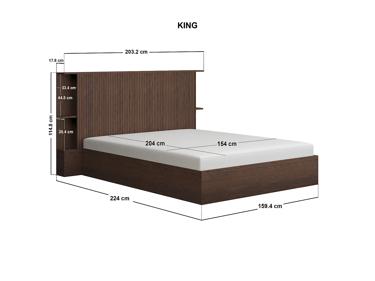 SOLACE+CO Zora Ottoman Double Bed with Headboard Shelves Walnut