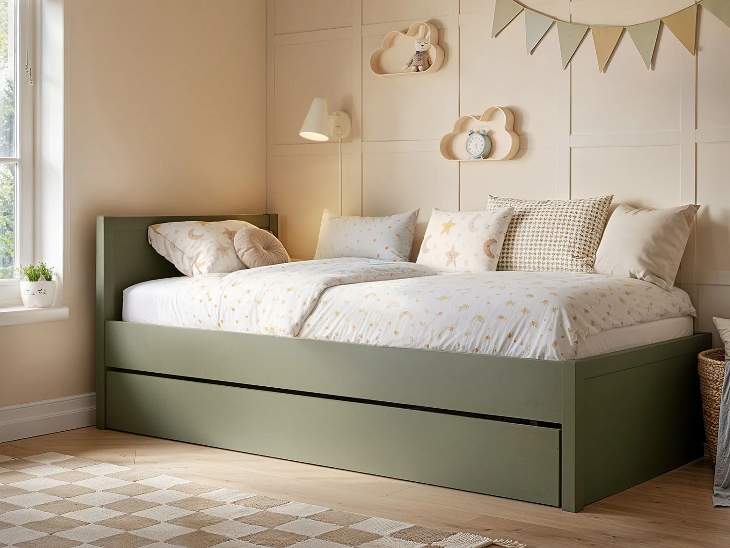 Flair Oli Single Wooden Bed with Drawers Olive Green