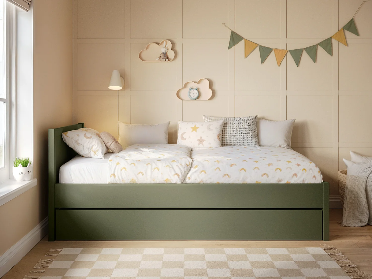 Flair Oli Single Wooden Bed with Drawers Olive Green