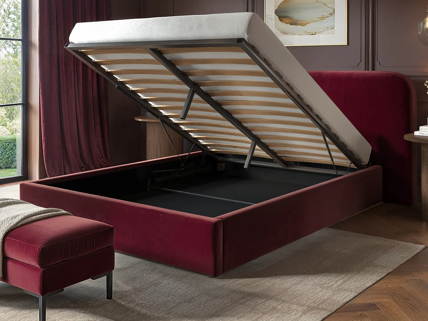 SOLACE+CO Lena Double Velvet Ottoman Bed Burgundy