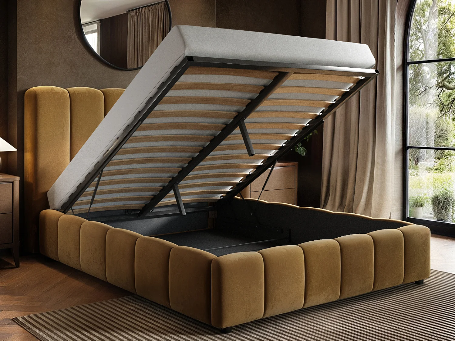 SOLACE+CO Emilie Ribbed Double Ottoman Bed Mocha Velvet